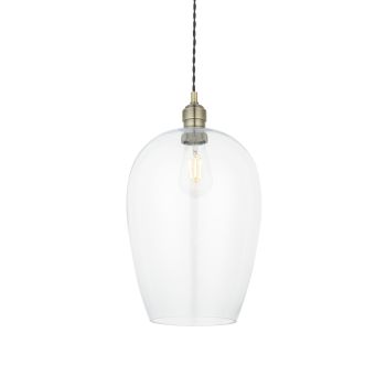 Vigo 1 Light E27 Antique Brass Large Adjustable Pendant With Clear Hand Blown Glass Shade